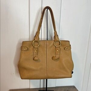 Coccinelle Soft Tan Leather Satchell Tote Bag - Gold Accents